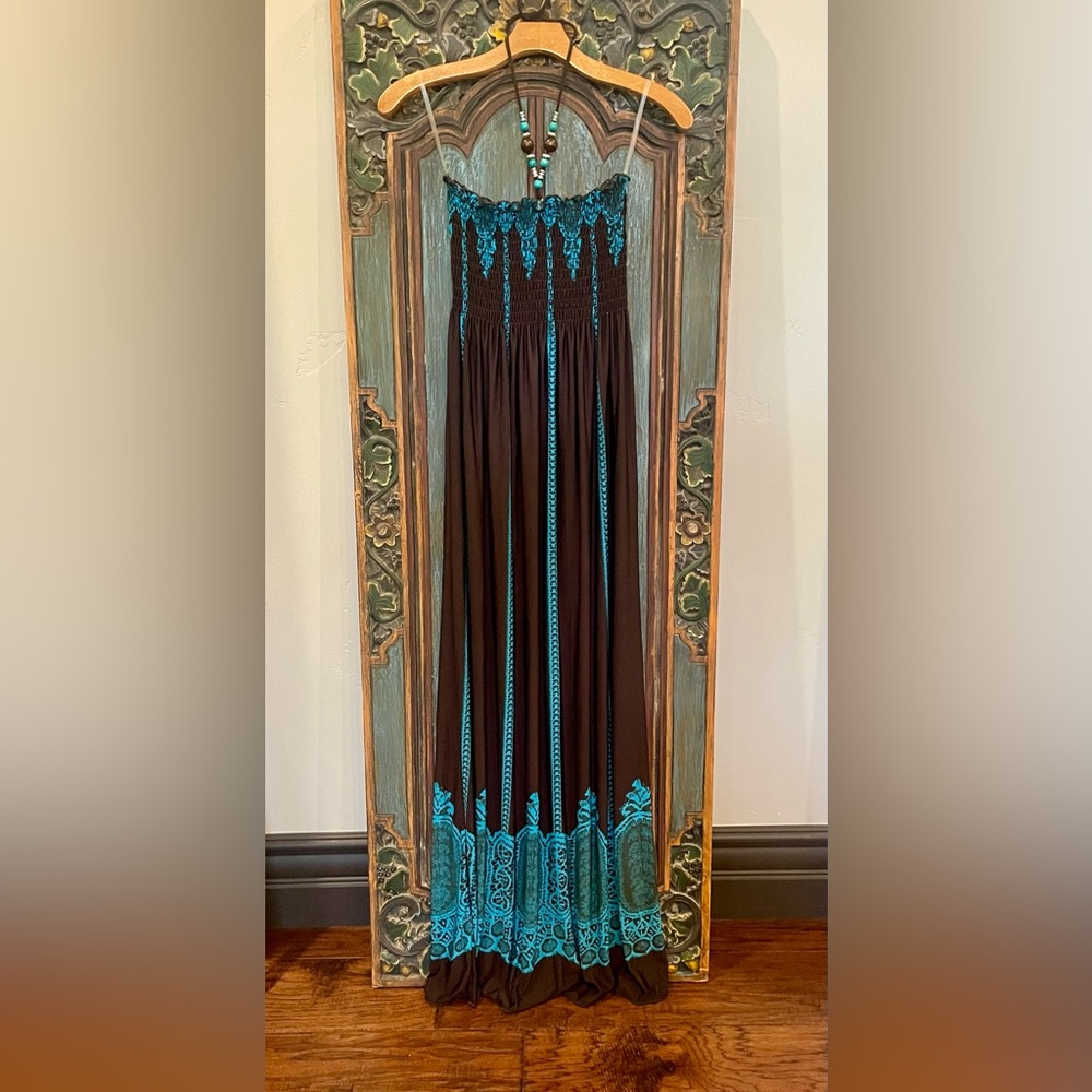 NEW BoHo Beaded Halter Maxi Dress in Chocolate & Teal Size S
